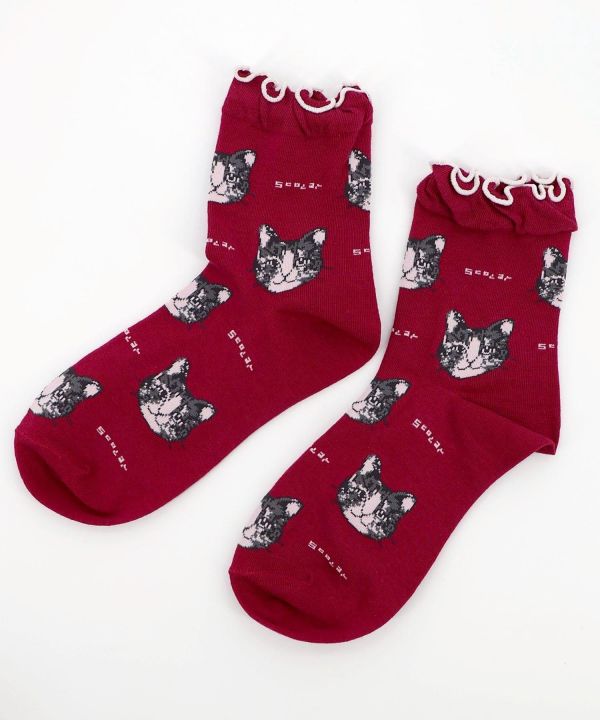 秋冬9月-貓咪頭朵朵邊襪 