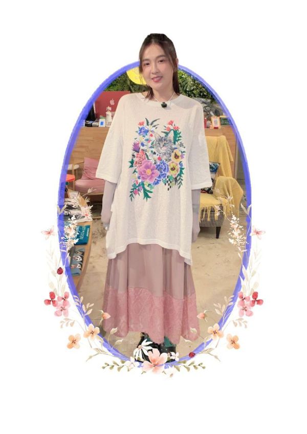 貓咪花朵假兩件上衣 