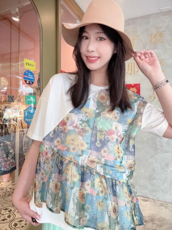 向日葵拼接雪紡上衣 