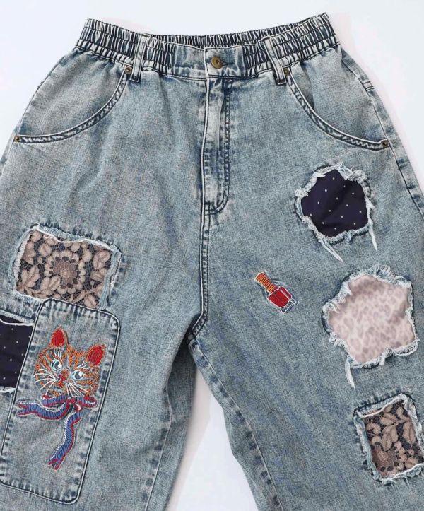 海外限定-貓刺繡牛仔褲 