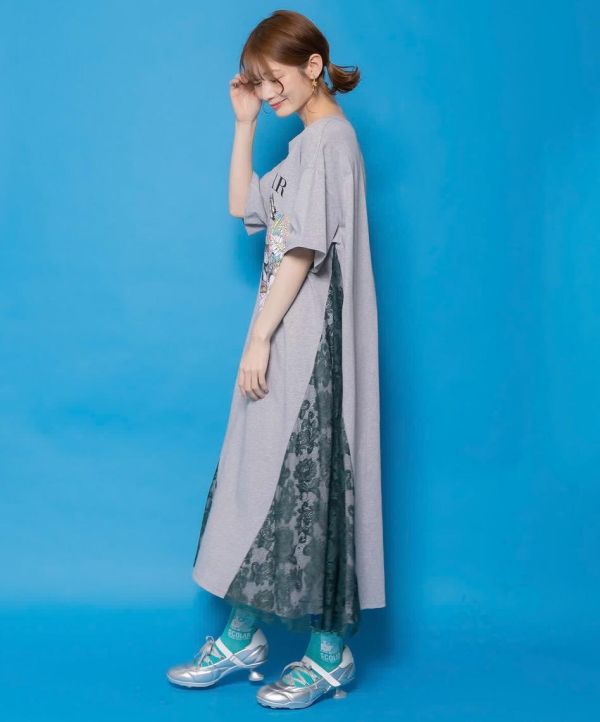 下午茶貓咪拼接蕾絲長版洋裝 