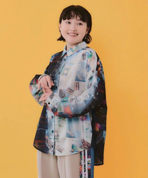 條紋花朵/膠卷漸層襯衫 