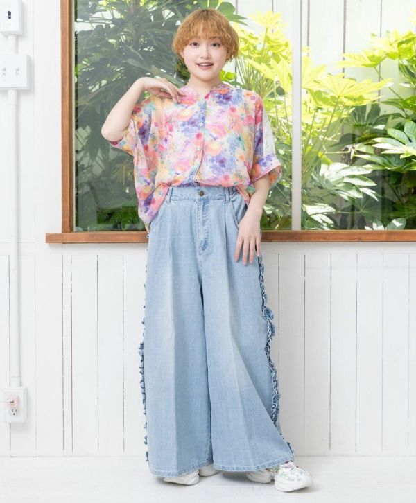 朵朵花邊拼接牛仔褲 