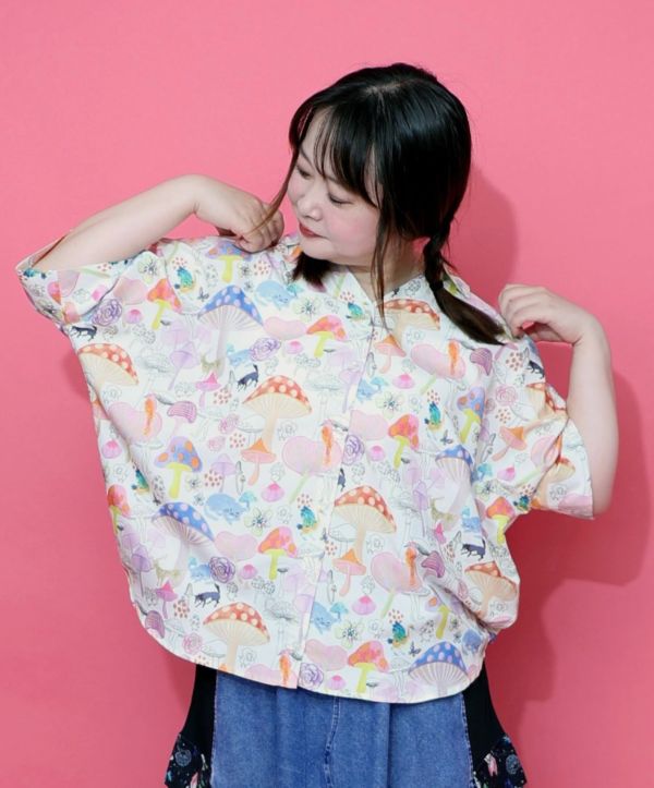 彩色蘑菇/搖滾貓咪/草莓拼布 襯衫 