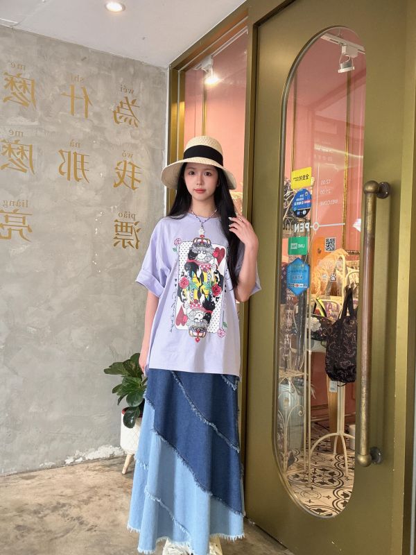 海浪紋路蝴蝶牛仔拼接裙 