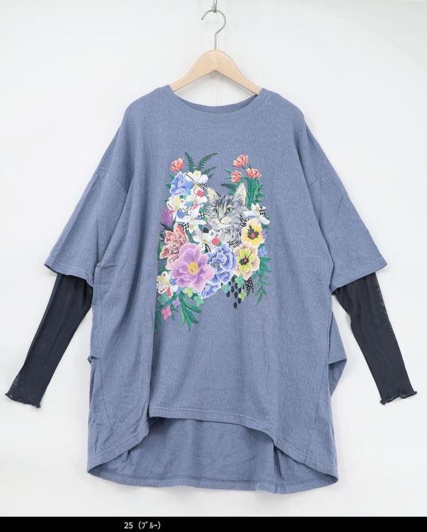 貓咪花朵假兩件上衣 