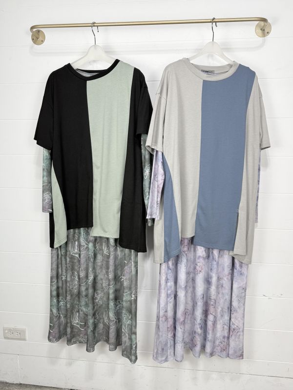 兩件式暈染花朵長版造型洋裝 