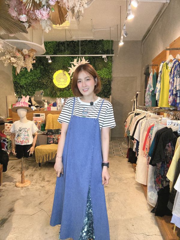 插畫拼接細肩帶洋裝 