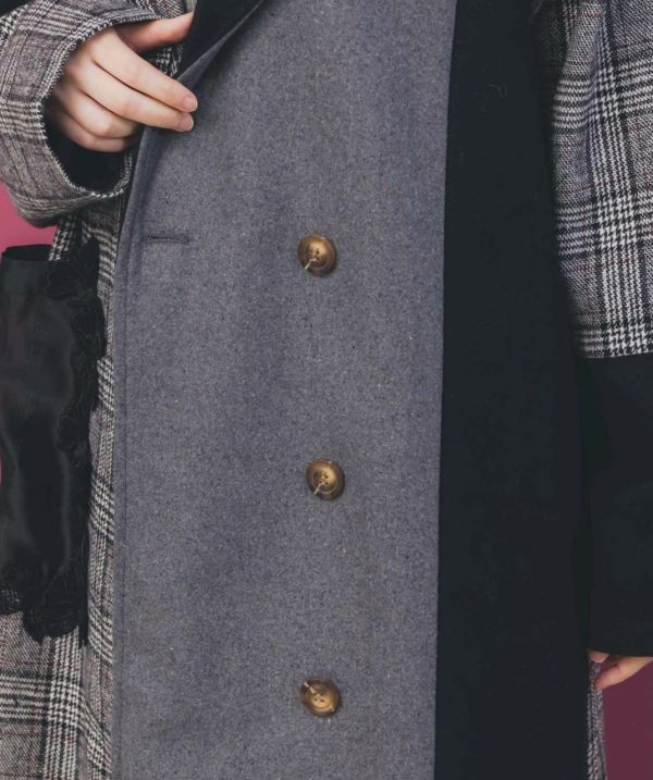 格子拼接花朵蕾絲長版大衣 