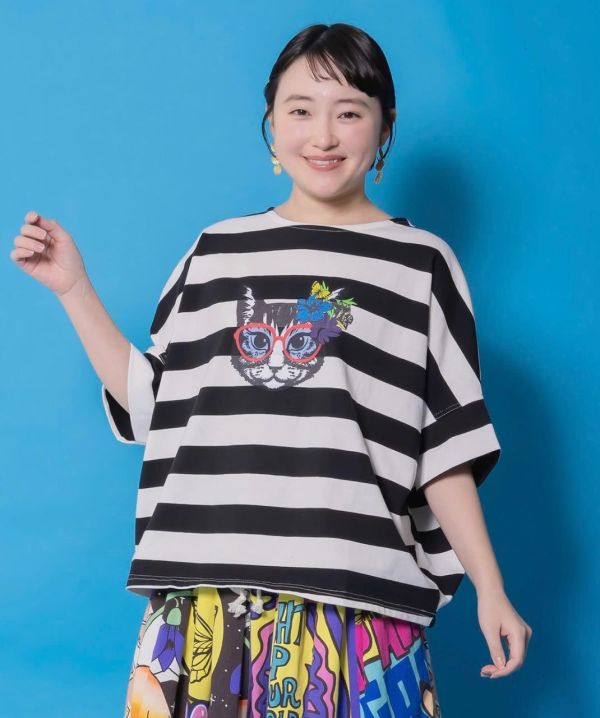 貓咪眼鏡橫條紋上衣 