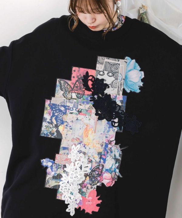 蕾絲拼貼中長版上衣 