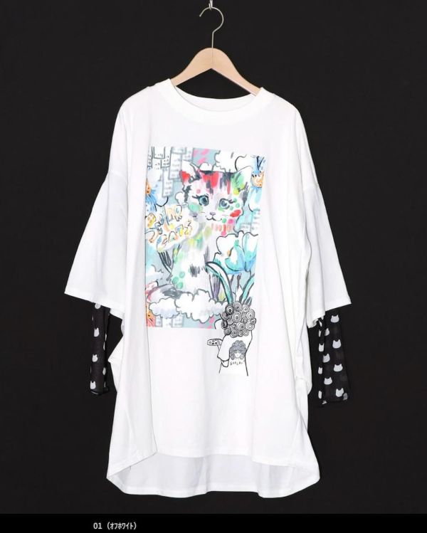 貓咪假兩件裝長版上衣 