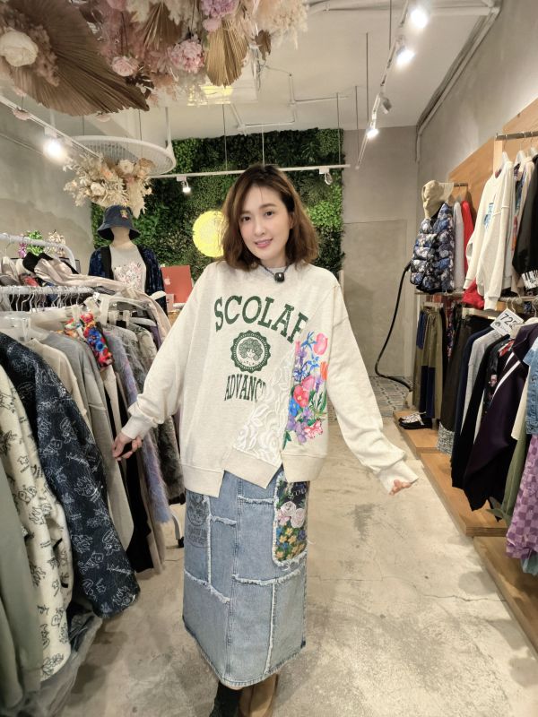 玫瑰毛邊牛仔拼接裙 