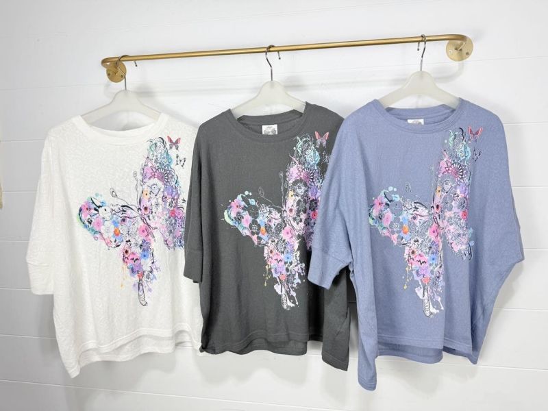 蕾絲布-花朵塗鴉蝴蝶上衣 