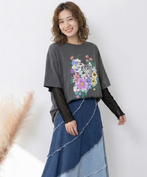 貓咪花朵假兩件上衣 