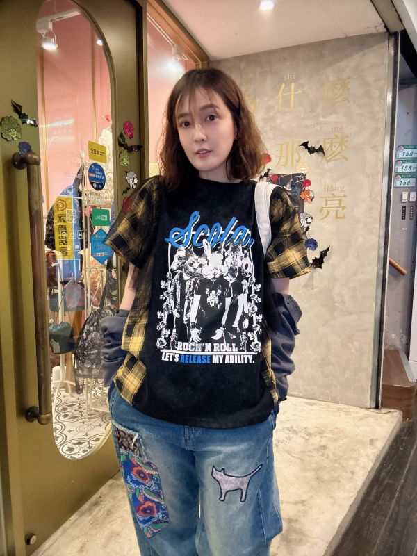 可拆袖-動物搖滾格子拼紗上衣 