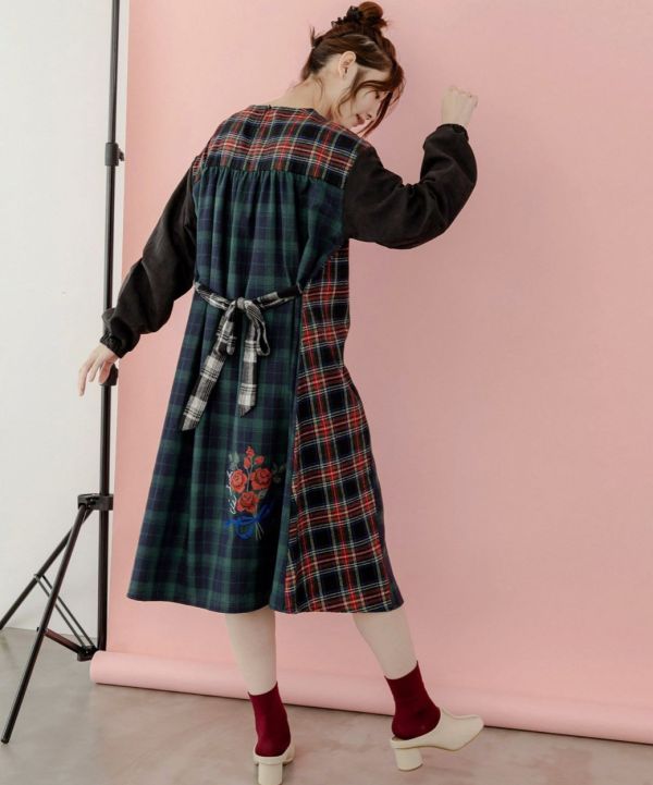 異材質拼接綁帶洋裝 