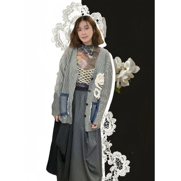 麻花針織牛仔拼接外罩 