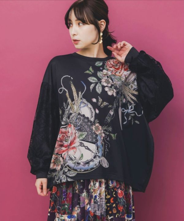 拼蕾絲紗貴族塗鴉造型上衣 