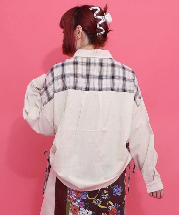 兔子刺繡格子拼接襯衫 