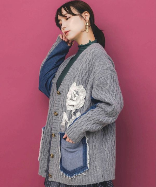 麻花針織牛仔拼接外罩 