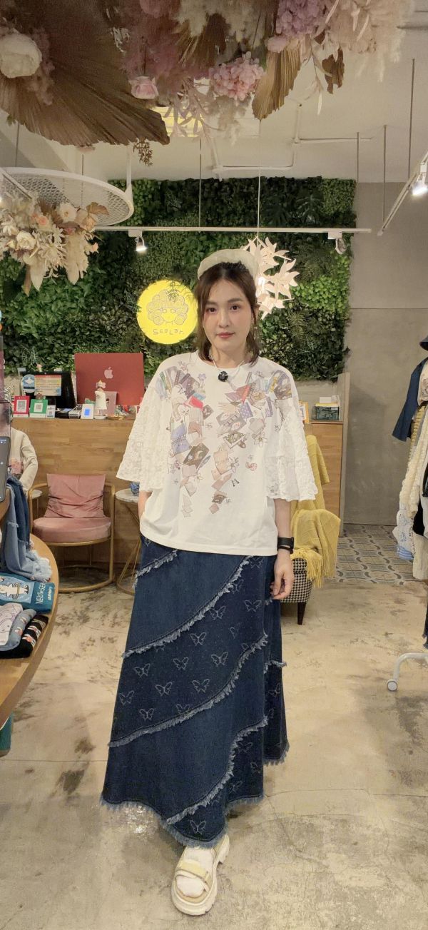 海浪紋路蝴蝶牛仔拼接裙 