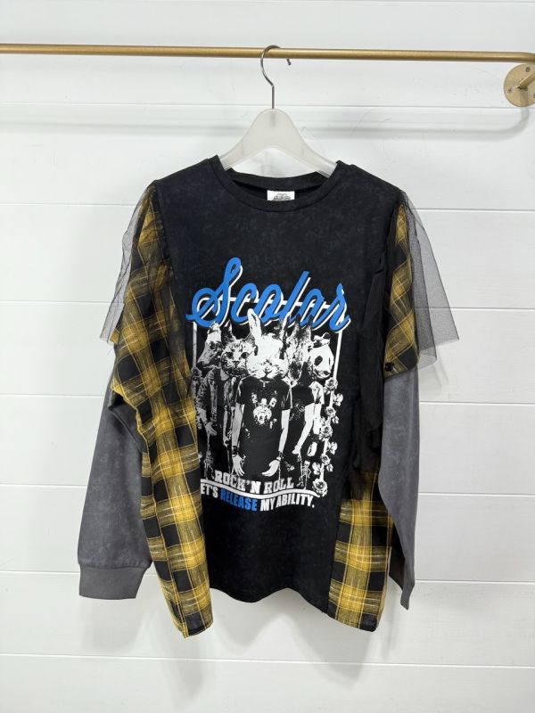 可拆袖-動物搖滾格子拼紗上衣 