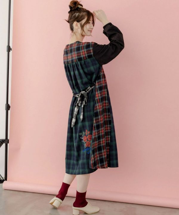 異材質拼接綁帶洋裝 