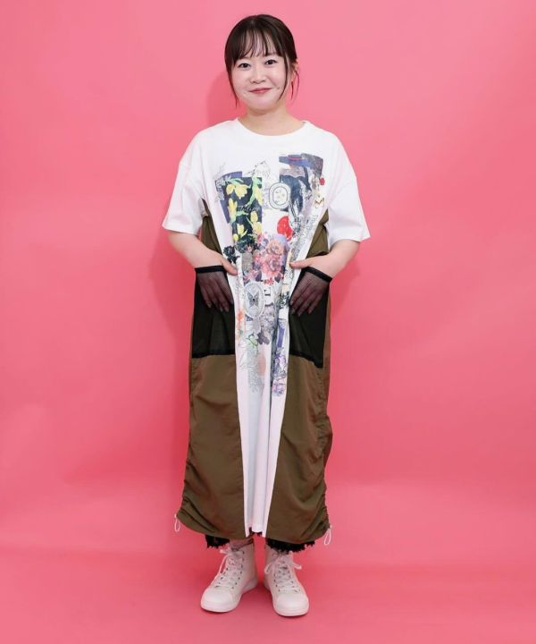 塗鴉異材質抽繩洋裝 