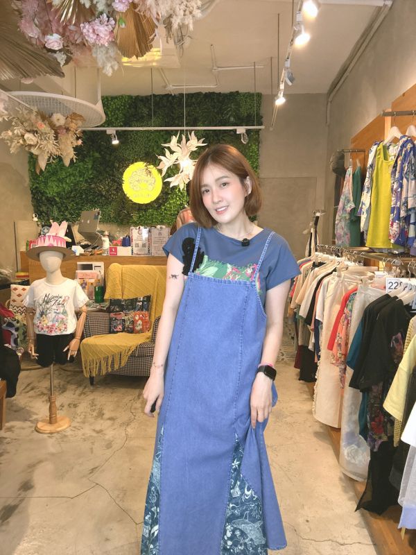 插畫拼接細肩帶洋裝 