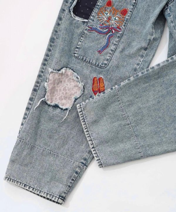 海外限定-貓刺繡牛仔褲 