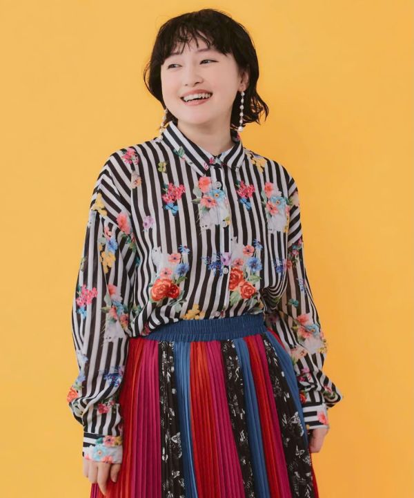 條紋花朵/膠卷漸層襯衫 