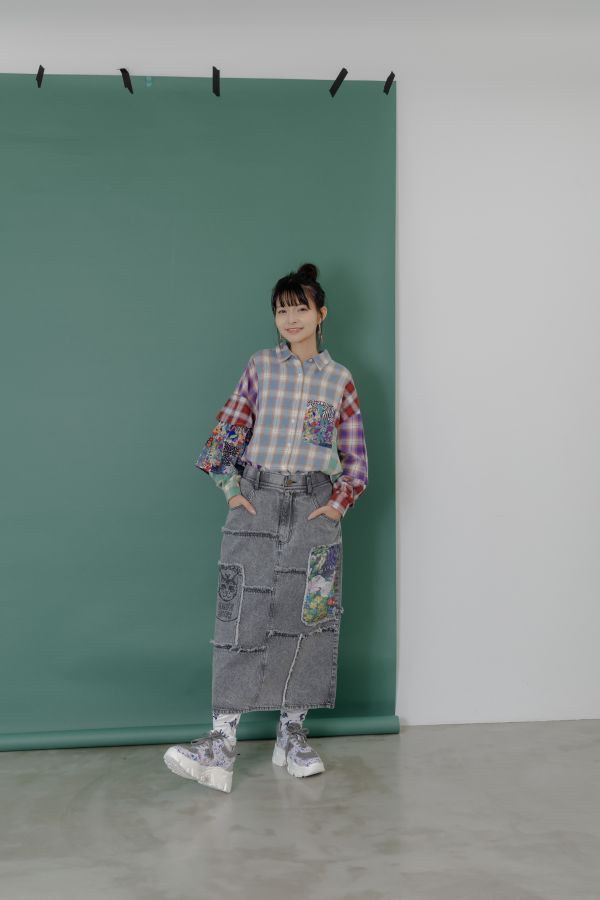 玫瑰毛邊牛仔拼接裙 