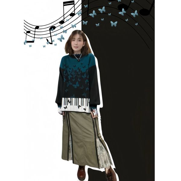 鋼琴與蝴蝶針織上衣 
