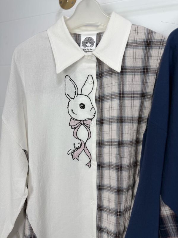 兔子刺繡格子拼接襯衫 