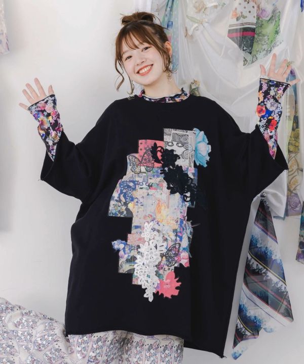 蕾絲拼貼中長版上衣 