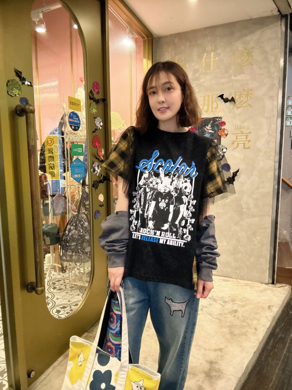 可拆袖-動物搖滾格子拼紗上衣 