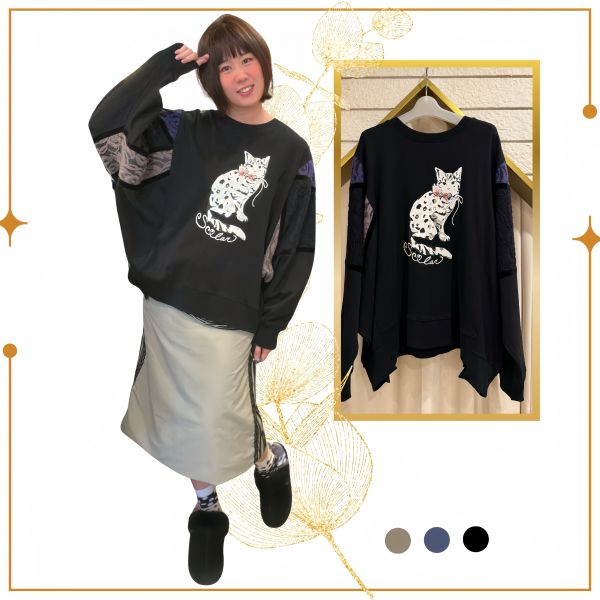 蕾絲帽貓拼接造型上衣 