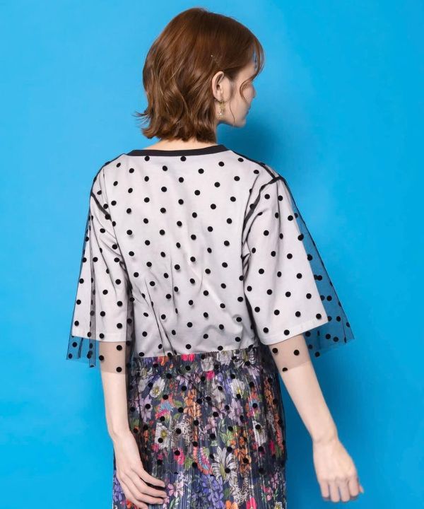 貓咪花朵植絨點點拼紗上衣 