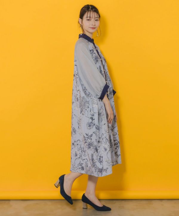 花朵線條拼紗襯衫 