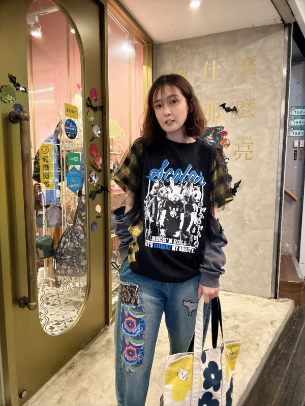 可拆袖-動物搖滾格子拼紗上衣 