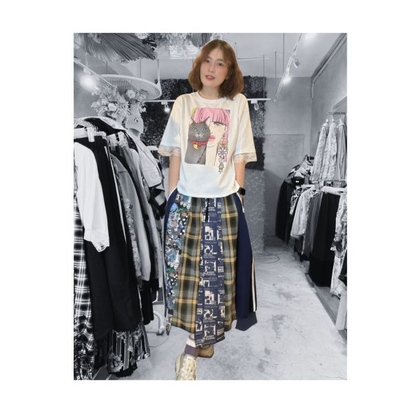 時間現象彩圖拼蕾絲上衣 