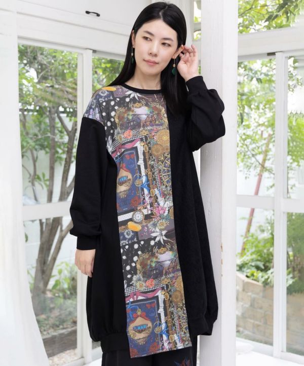 鑰匙圖騰異材拼接中長版上衣 