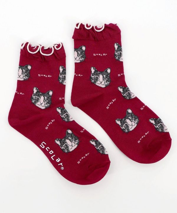 秋冬9月-貓咪頭朵朵邊襪 