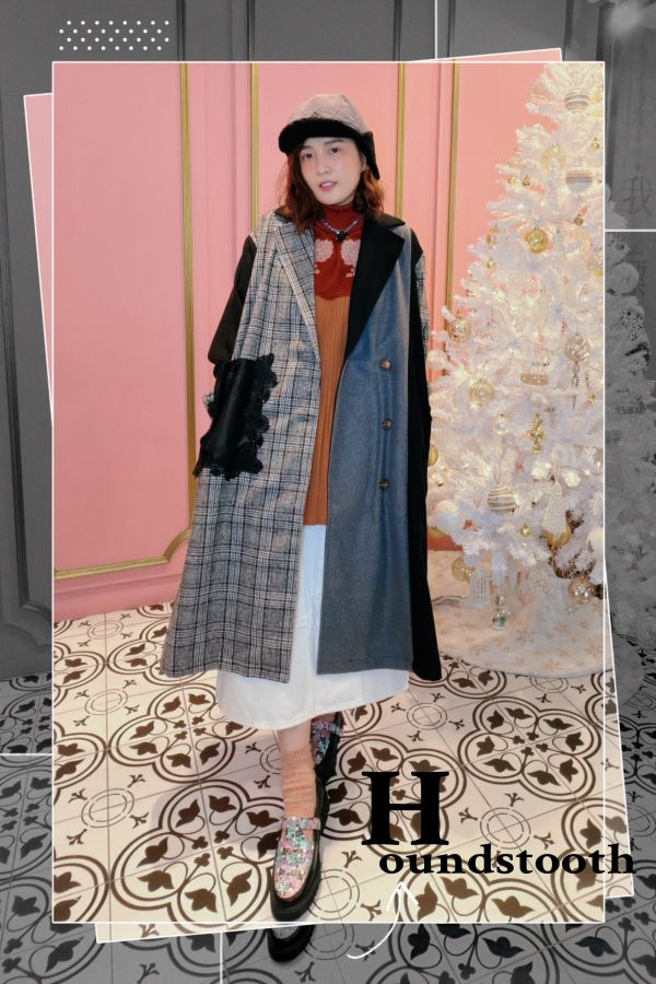 格子拼接花朵蕾絲長版大衣 