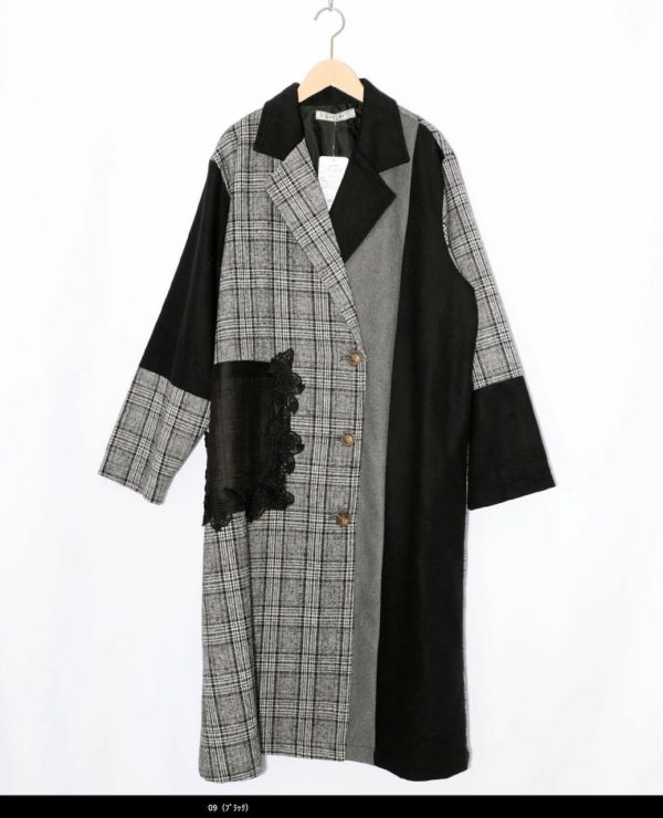 格子拼接花朵蕾絲長版大衣 