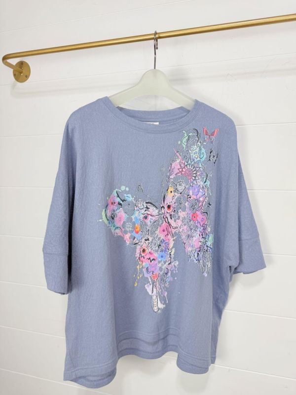 蕾絲布-花朵塗鴉蝴蝶上衣 