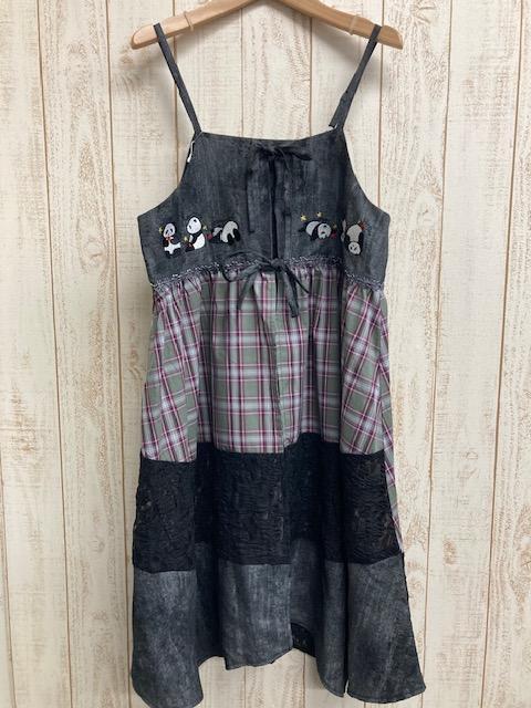 小熊貓異材拼接細肩帶洋裝 