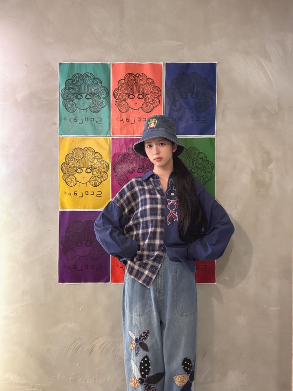 兔子刺繡格子拼接襯衫 