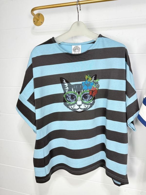 貓咪眼鏡橫條紋上衣 